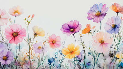 watercolor botanical Cosmos flowers texture template background.Elegant wedding invitation card background . Minimal hand painted Design for wedding or Valentine's Day