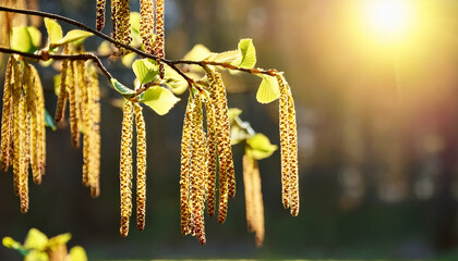 inflorescence of alder tree in sunny day early spring