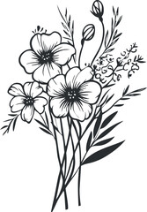 Black and white botanical illustration of a bouquet with flowers, leaves, and stems in a simple elegant style