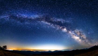 Obraz premium panorama blue night sky milky way and star on dark background universe filled with stars nebula and galaxy with noise and grain photo by long exposure