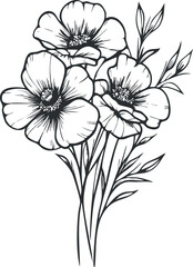 Black and white line art illustration of three blooming flowers with stems and leaves in a simple botanical style.