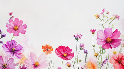 Obraz premium watercolor botanical Cosmos flowers texture template background.Elegant wedding invitation card background . Minimal hand painted Design for wedding or Valentine's Day