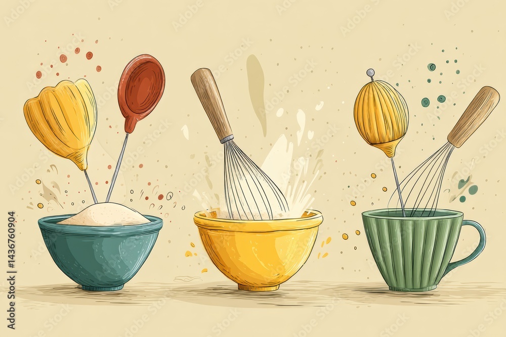 Poster Whisking Flour and Sugar in Colorful Bowls for Baking Pastries in a Charming Bakery Setting
