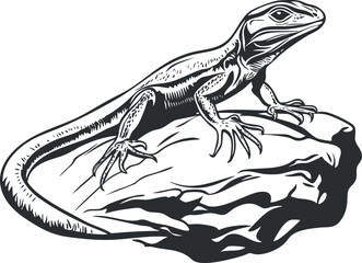 Fototapeta premium Black and white illustration of a lizard crawling on a rock showing detailed scales and claws