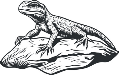 Black and white illustration of a lizard resting on a rock showing detailed texture and features
