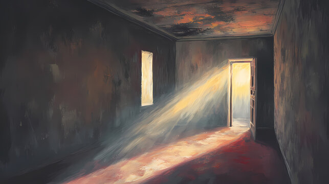 Sunlight serenade, illuminating abandoned interiors with ethereal rays. Heavenbud Glow. Illustration