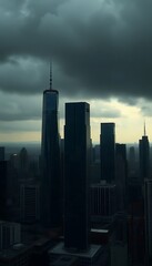 Fototapeta premium view of a city with tall buildings under a cloudy sky