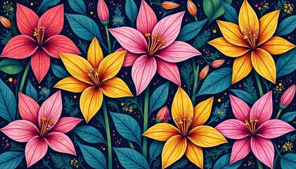 Intricate line art blooming lilies, geometric repeat , floral, vector