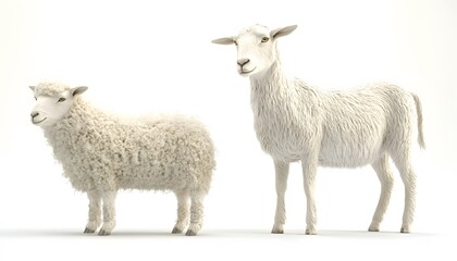 Fototapeta premium Pair of fluffy white sheep and goat, digitally rendered.