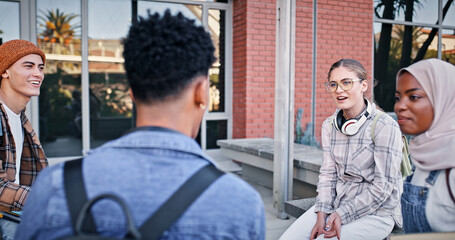 University, students and group outdoor on campus with college talk, conversation and happy for education. Friends, circle and people with learning, break and relax for scholarship, study or knowledge