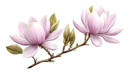 Delicate Purple Magnolia Flowers on White Background