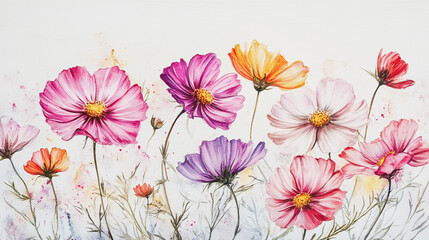 Obraz premium watercolor botanical Cosmos flowers texture template background.Elegant wedding invitation card background . Minimal hand painted Design for wedding or Valentine's Day