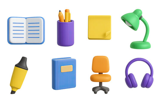 3d education essentials icon set - vibrant back-to-school, learning, and classroom symbols: notebook, pencil cup, sticky note, desk lamp, highlighter, textbook, chair, headphones.