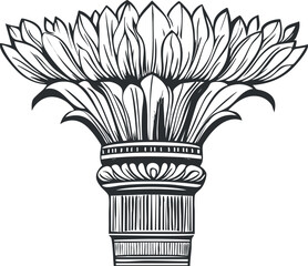 Black and white line art illustration of an ancient Corinthian column capital with floral decorative elements