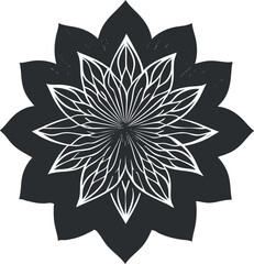 Obraz premium Black and white symmetrical flower mandala design with intricate leaf patterns and geometric shapes