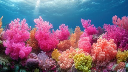 Fototapeta premium Vibrant coral reef underwater scene, sunlit ocean