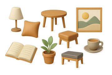 Home decor 3d icons set – modern style furniture, interior, and lifestyle symbols: lamp, table, pillow, art frame, book, plant, coffee cup, stool