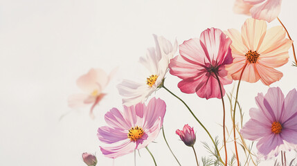 Naklejka premium watercolor botanical Cosmos flowers texture template background.Elegant wedding invitation card background . Minimal hand painted Design for wedding or Valentine's Day