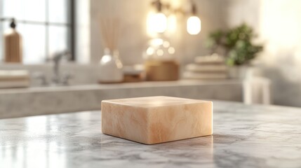 Marble block showcase on counter with neutral decor for a product shot background