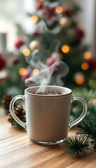 Obraz premium steaming cup of coffee on a wooden table