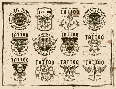 Vintage tattoo studio set of emblems with elements like tattoo machines, anchors, skulls, needles, moth or brass knuckles. Vector illustrations for labels, badges, prints, and branding
