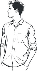 Black and white sketch of a young man in a casual shirt looking to the side with hands in pockets