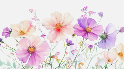 watercolor botanical Cosmos flowers texture template background.Elegant wedding invitation card background . Minimal hand painted Design for wedding or Valentine's Day