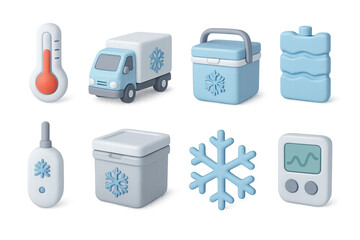 Cold storage and temperature control 3d icons set – isometric style refrigeration, cooling, and climate monitoring symbols: thermometer, truck, cooler, snowflake, thermostat