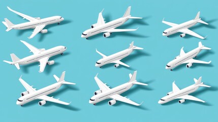 Nine white airplane models on blue background; travel concept