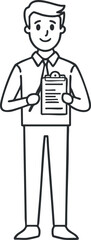 Line art illustration of a man holding a clipboard with a document in a professional setting