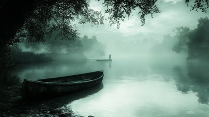 Ghostly Harbor is an illustration that portrays a mysterious shipwreck in a foggy harbor at night, with a lone figure exploring the foreboding scene