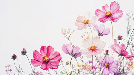 watercolor botanical Cosmos flowers texture template background.Elegant wedding invitation card background . Minimal hand painted Design for wedding or Valentine's Day