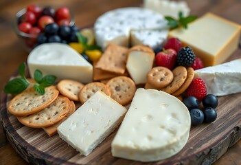 wooden plate topped with cheese and crackers