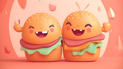 Burger cartoon characters hugging each other in a playful mood