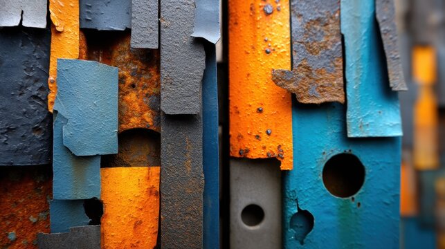 Close-up of colorful rusty metal sheets with peeling paint and holes, abstract textured background