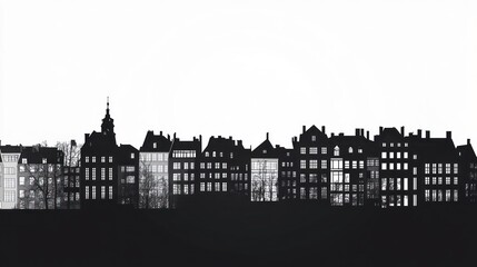Cityscape skyline, buildings, winter, monochrome, urban, design, background, illustration