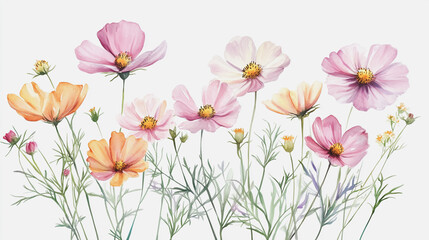 watercolor botanical Cosmos flowers texture template background.Elegant wedding invitation card background . Minimal hand painted Design for wedding or Valentine's Day