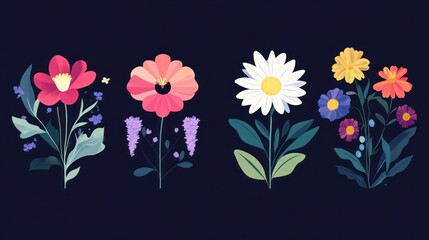 Colorful floral bouquets, spring garden, dark background, design element