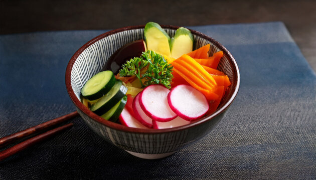 japanese tsukemono pickles arranged in a rustic ceramic bowl featuring fresh cucumbers radish eggplant and kabocha squash a classic fermented dish offering bold flavors and vibrant colors