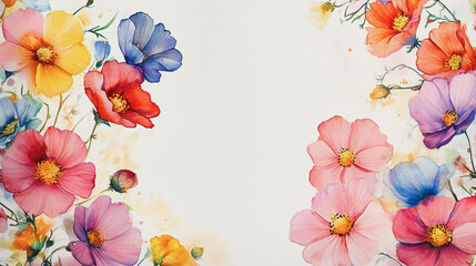 watercolor botanical Cosmos flowers texture template background.Elegant wedding invitation card background . Minimal hand painted Design for wedding or Valentine's Day