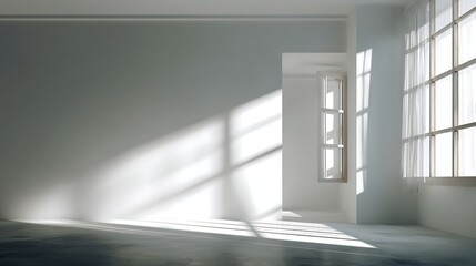 Fototapeta premium A clean, white room with sunlight streaming in through the window, casting shadows on an empty wall