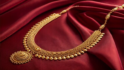 Fototapeta premium Gold necklace presented against a deep red background. (Jewelry)