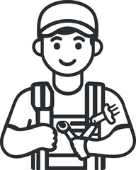 Line icon of a plumber holding a wrench and plunger wearing a cap and work uniform