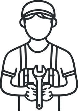 recommend clip art: Line art illustration of a mechanic or repair worker holding a wrench wearing a cap and uniform