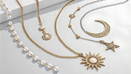 Trendy jewelry featuring chains, pearl necklaces, and crescent and sun-shaped pendants. Stylish fashion accessories. (Jewelry)