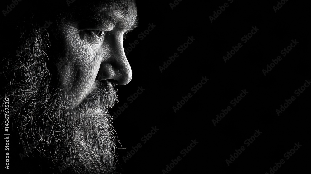 Poster high-contrast black and white portrait of a bearded man under studio lighting highlighting facial fe