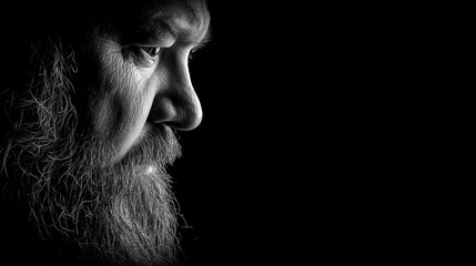 Obraz premium High-contrast Black and White Portrait of a Bearded Man Under Studio Lighting Highlighting Facial Features and Expressions