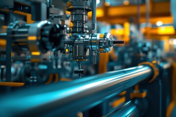 Fototapeta premium Close-up of industrial piping and valves in a modern factory setting, showcasing intricate machinery and design.