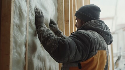 Worker Installing Insulation in a Building Frame