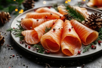 Delicious slices of smoked salmon arranged on a rustic plate, garnished with pine and peppercorns.